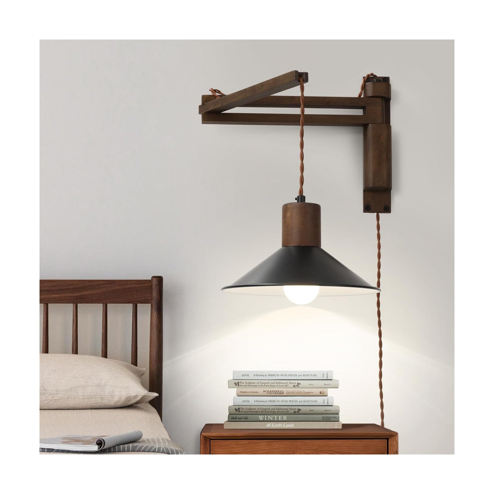 maesta Plug in Wall Lamp, Wood Swing Arm Wall Sconce for Bedroom | Swing Arm Wall Lamp, Natural Wood Finish with Corded