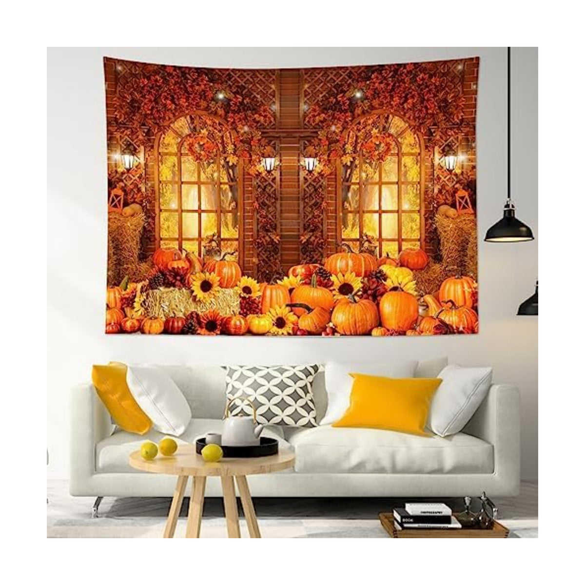 HVEST Fall Tapestry Wall Hanging Rustic Orange Pumpkin and Sunflower in Maple Tree Forest Tapestry for Bedroom, Autumn Thanksgiving Tapestries for Living Room Home Holiday Wall Decor, 59W x 51H inches