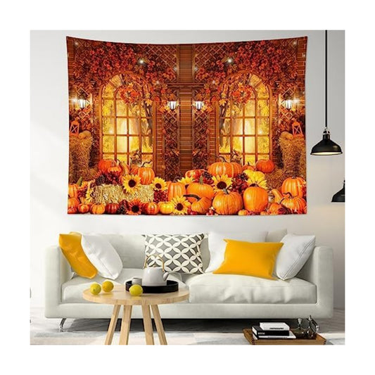 HVEST Fall Tapestry Wall Hanging Rustic Orange Pumpkin and Sunflower in Maple Tree Forest Tapestry for Bedroom, Autumn Thanksgiving Tapestries for Living Room Home Holiday Wall Decor, 59W x 51H inches