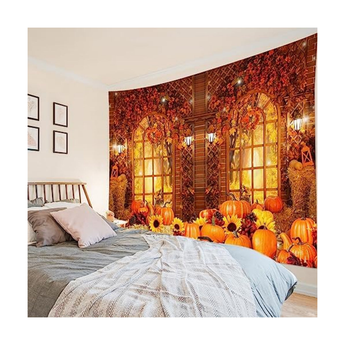 HVEST Fall Tapestry Wall Hanging Rustic Orange Pumpkin and Sunflower in Maple Tree Forest Tapestry for Bedroom, Autumn Thanksgiving Tapestries for Living Room Home Holiday Decor, 92.5W X 70.9H inches