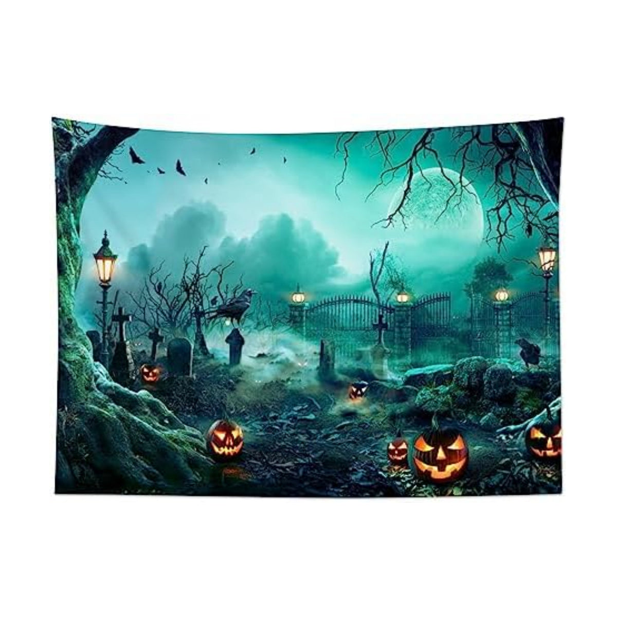 HVEST Halloween Tapestry Wall Hanging Black Crow Bat and Pumpkin in Scary Graveyard Forest Wall Art for Bedroom, Spooky Full Moon Night Tapestry for Living Room Holiday Wall Decor, 80W X 60H inches