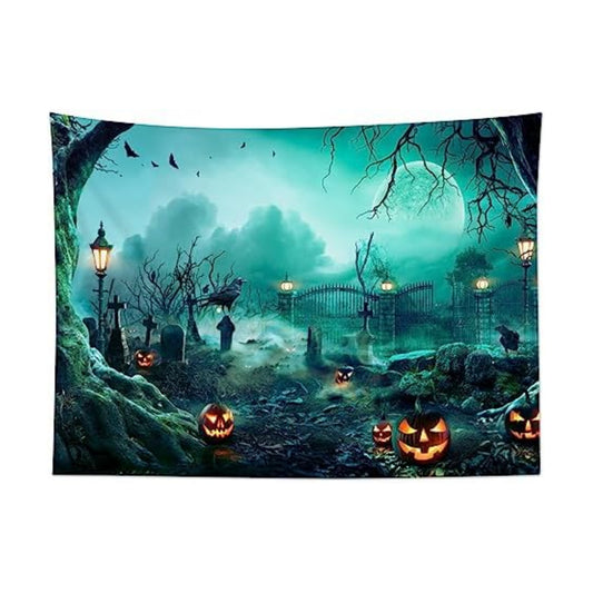 HVEST Halloween Tapestry Wall Hanging Black Crow Bat and Pumpkin in Scary Graveyard Forest Wall Art for Bedroom, Spooky Full Moon Night Tapestry for Living Room Holiday Wall Decor, 80W X 60H inches