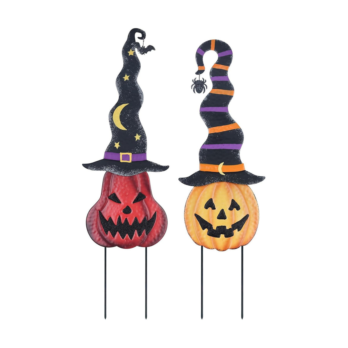 YEAHOME Halloween Decorations Outdoor, 2 Pack Metal Pumpkin Garden Stakes with Witch Hats for Halloween Decor, Jack o' Lantern Pumpkin Yard Signs for Outside Garden Lawn Patio Party Decorations