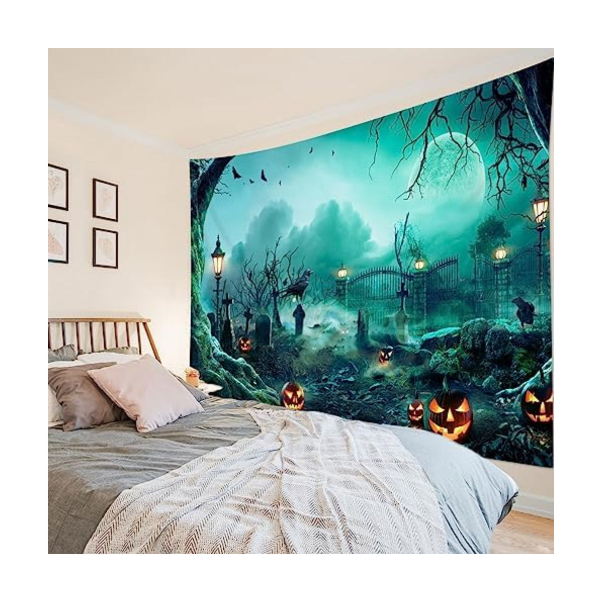 HVEST Halloween Tapestry Wall Hanging Black Crow Bat and Pumpkin in Scary Graveyard Forest Wall Art for Bedroom, Spooky Full Moon Night Tapestry for Living Room Holiday Wall Decor, 92.5W X 70.9H inches