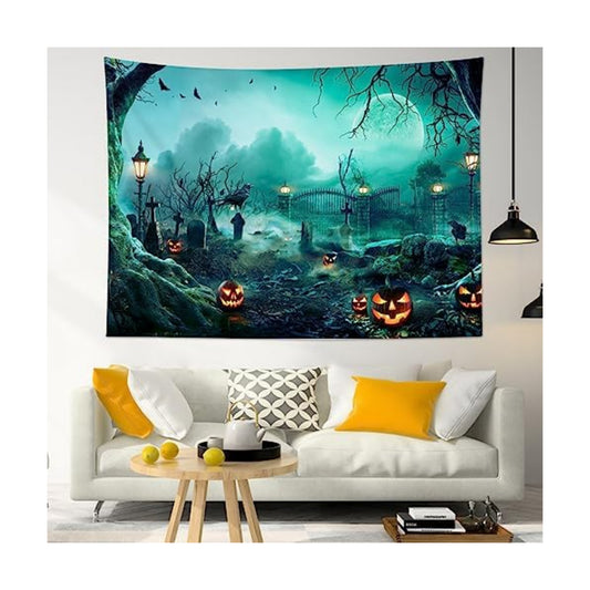 HVEST Halloween Tapestry Wall Hanging Black Crow Bat and Pumpkin in Scary Graveyard Forest Wall Art for Bedroom, Spooky Full Moon Night Tapestry for Living Room Holiday Wall Decor, 59W x 51H inches