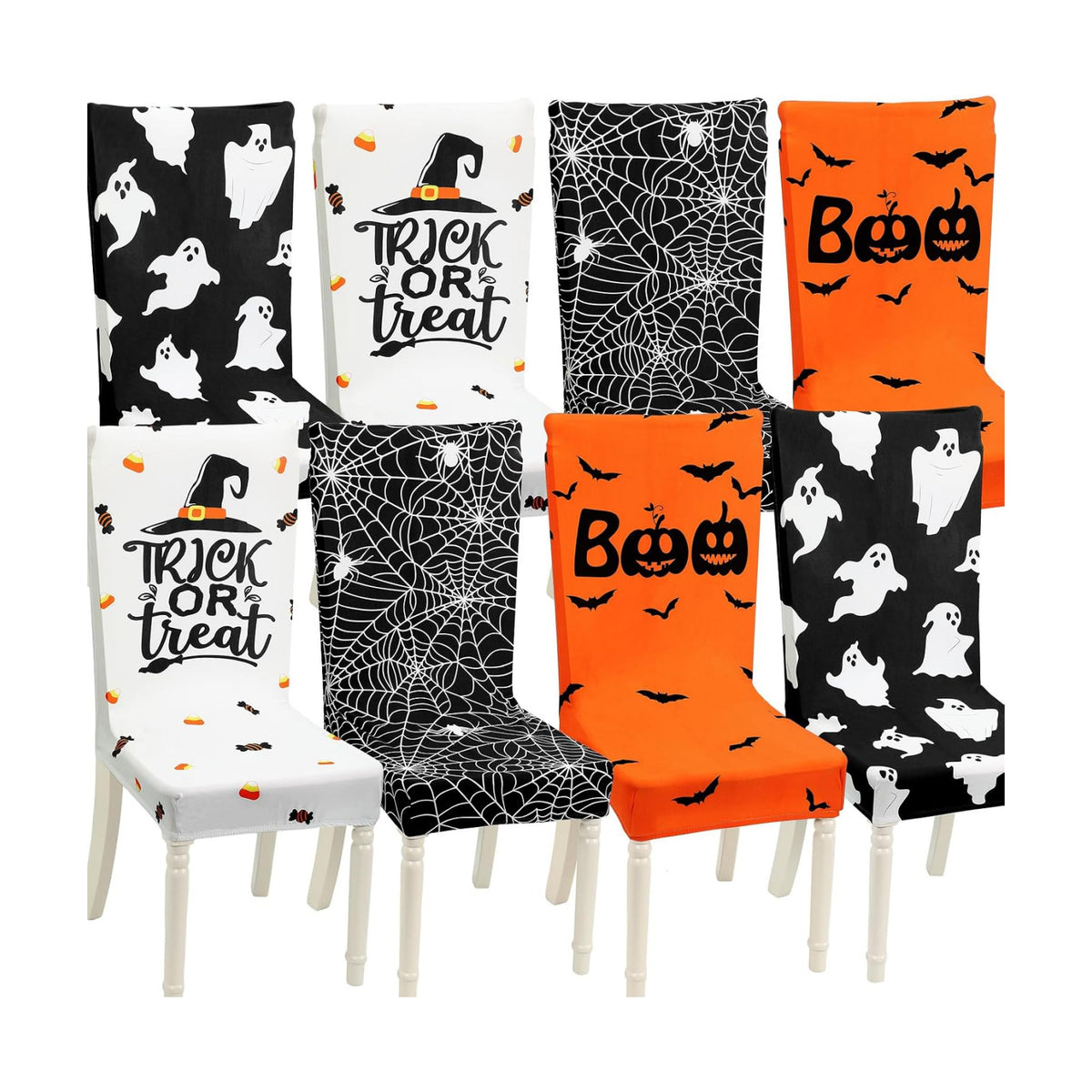 Preboun 8 Pcs 4 Styles Halloween Chair Cover Halloween Dining Chair Slipcover Spooky Chair Back Covers Stretchable Washable Chair Protective Covers for Dining Room Kitchen Office Hotel Seat Decor