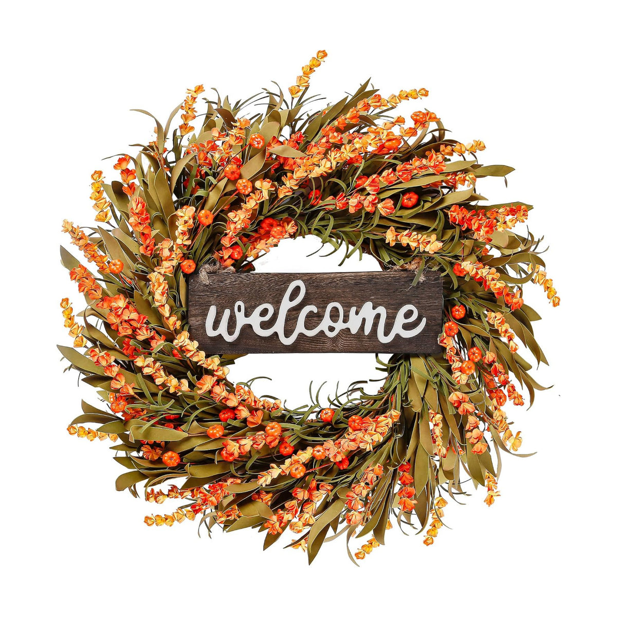 Sggvecsy Artificial Fall Wreath - 22'' Autumn Front Door Wreath with Harvest Foam Leaves, Small Pumpkins for Outside, Indoor Wall, Window Festival, Thanksgiving Decor