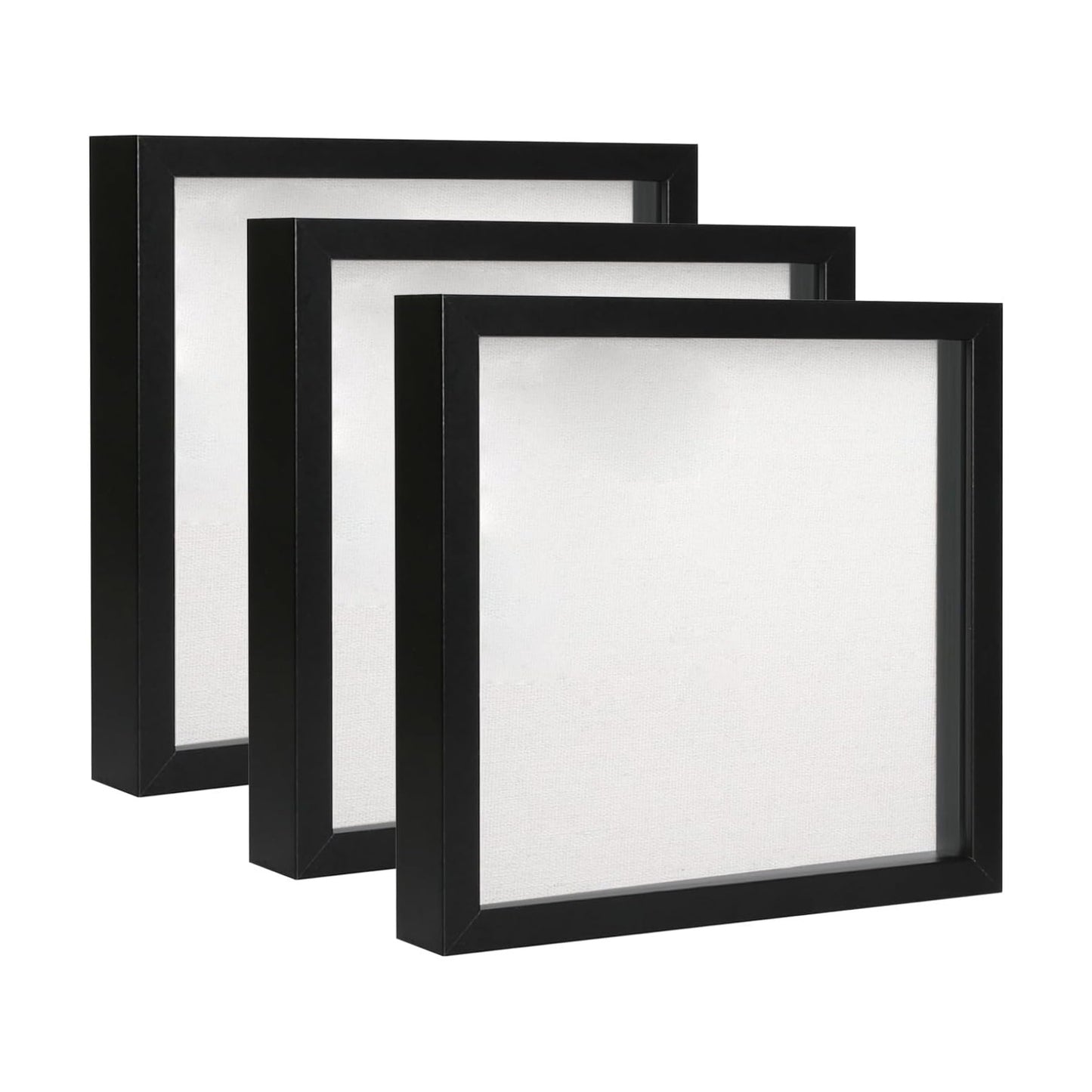 Elegant Deep Wood Shadow Box Frames - Set of 3 Black 10x10 Inch Display Cases with Real Glass and Linen Backboard