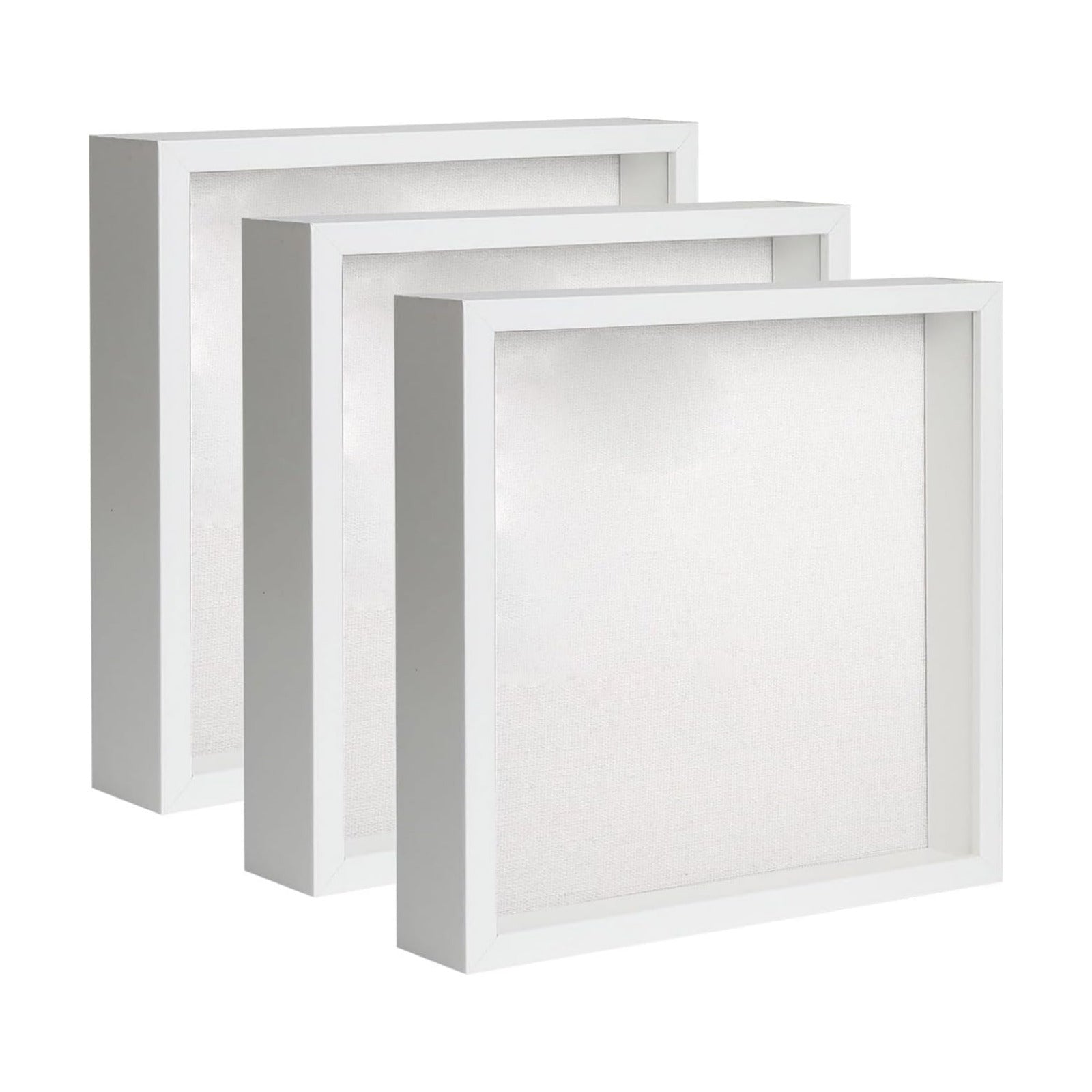 Elegant Deep Wood Shadow Box Frames - Set of 3 White 10x10 Display Cases with Real Glass and Linen Backboard, Perfect