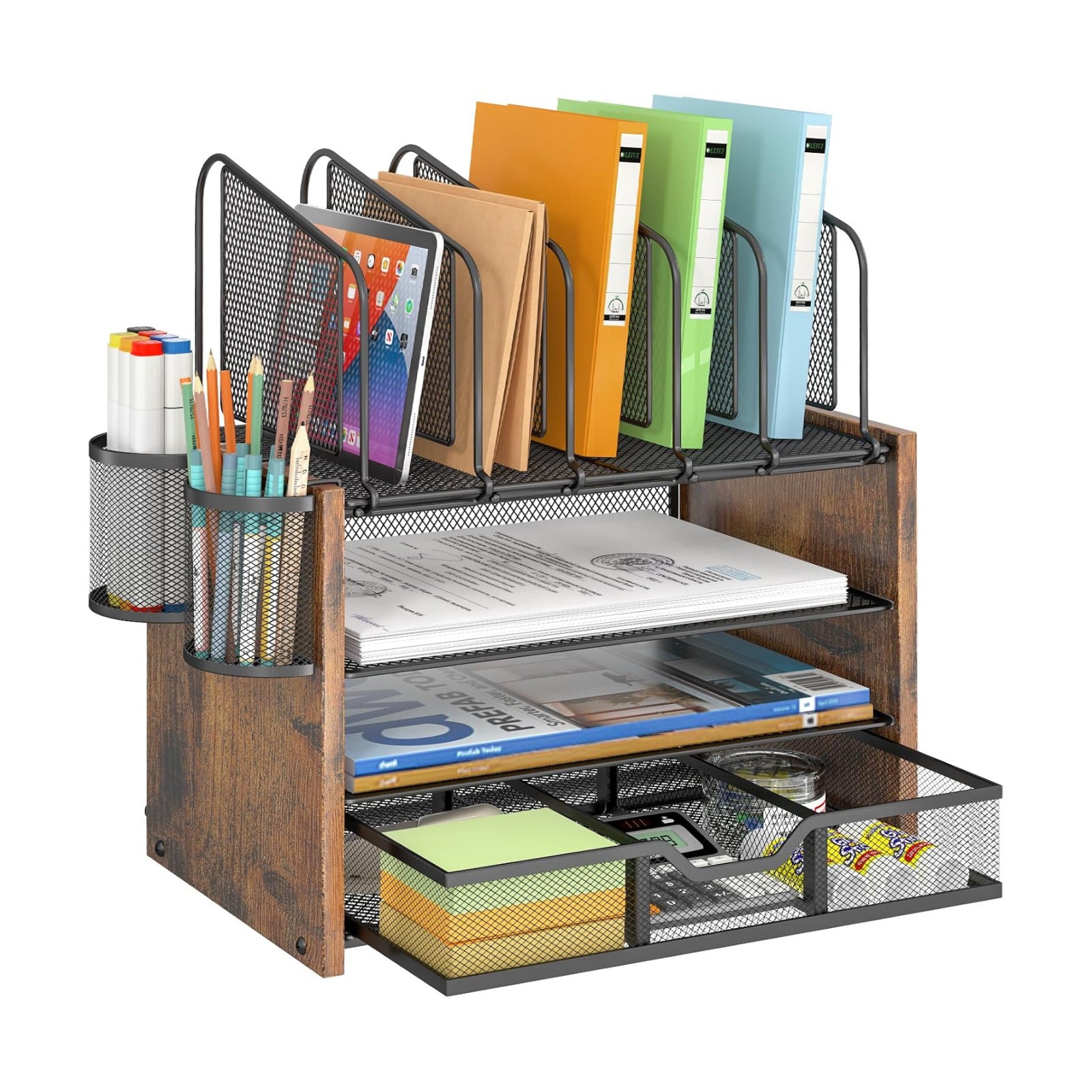 DAOUTIME 4-Tier Mesh Desk Organizer, Wooden Desk File Organizer with 5 Vertical File Holders and 2 Pen Holders, Desktop