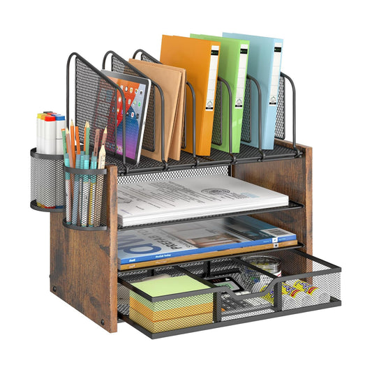 DAOUTIME 4-Tier Mesh Desk Organizer, Wooden Desk File Organizer with 5 Vertical File Holders and 2 Pen Holders, Desktop