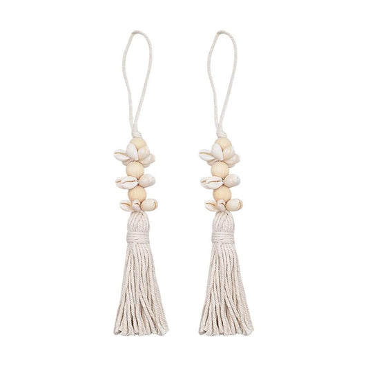 Boho Wood Beads and Shell Tassel Garland Cotton Thread Hanging String / 25 x 1.6 x 1.6 / Cm / Cream