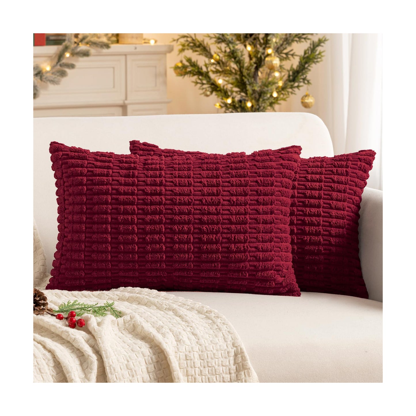 MIULEE Lumbar Corduroy Decorative Throw Pillow Covers 12x20 Burgundy