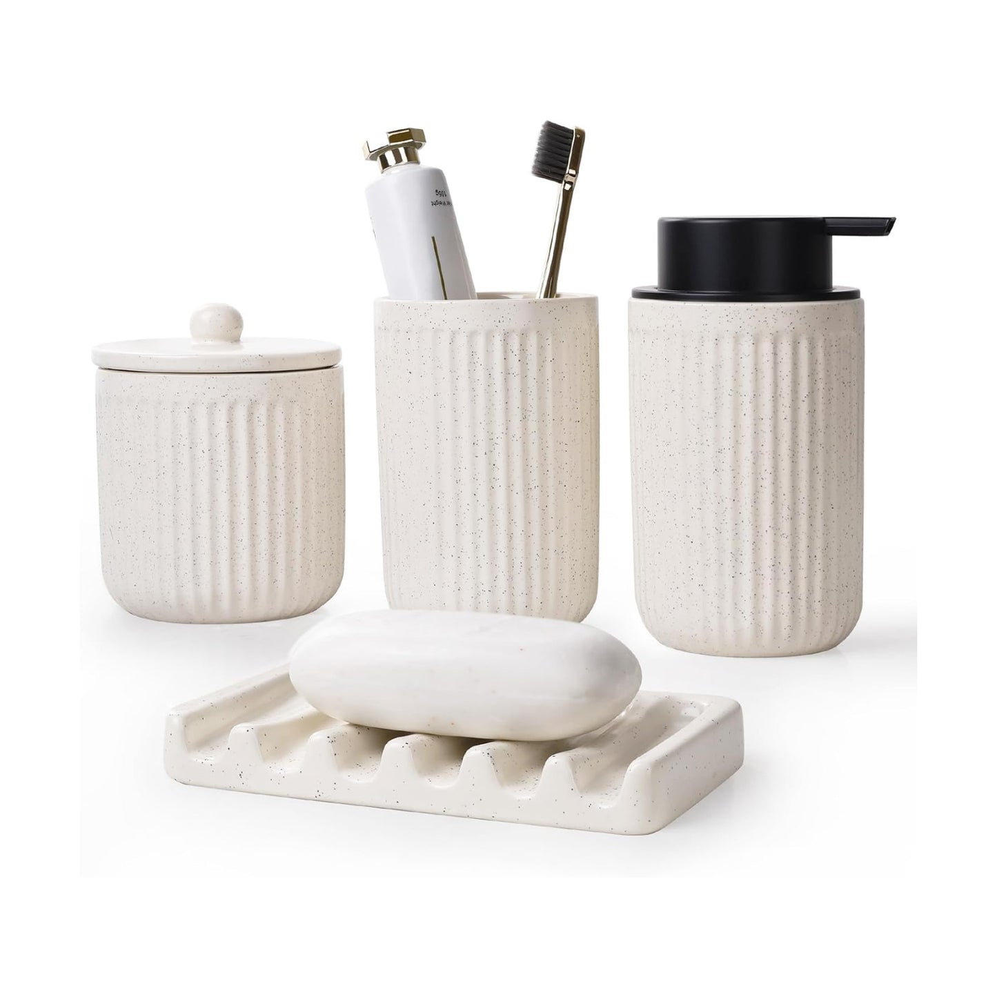 BosilunLife Striped Beige Ceramic Bathroom Accessories Set of 4 | Bathroom Decor Sets Accessories Bathroom Lotion Soap