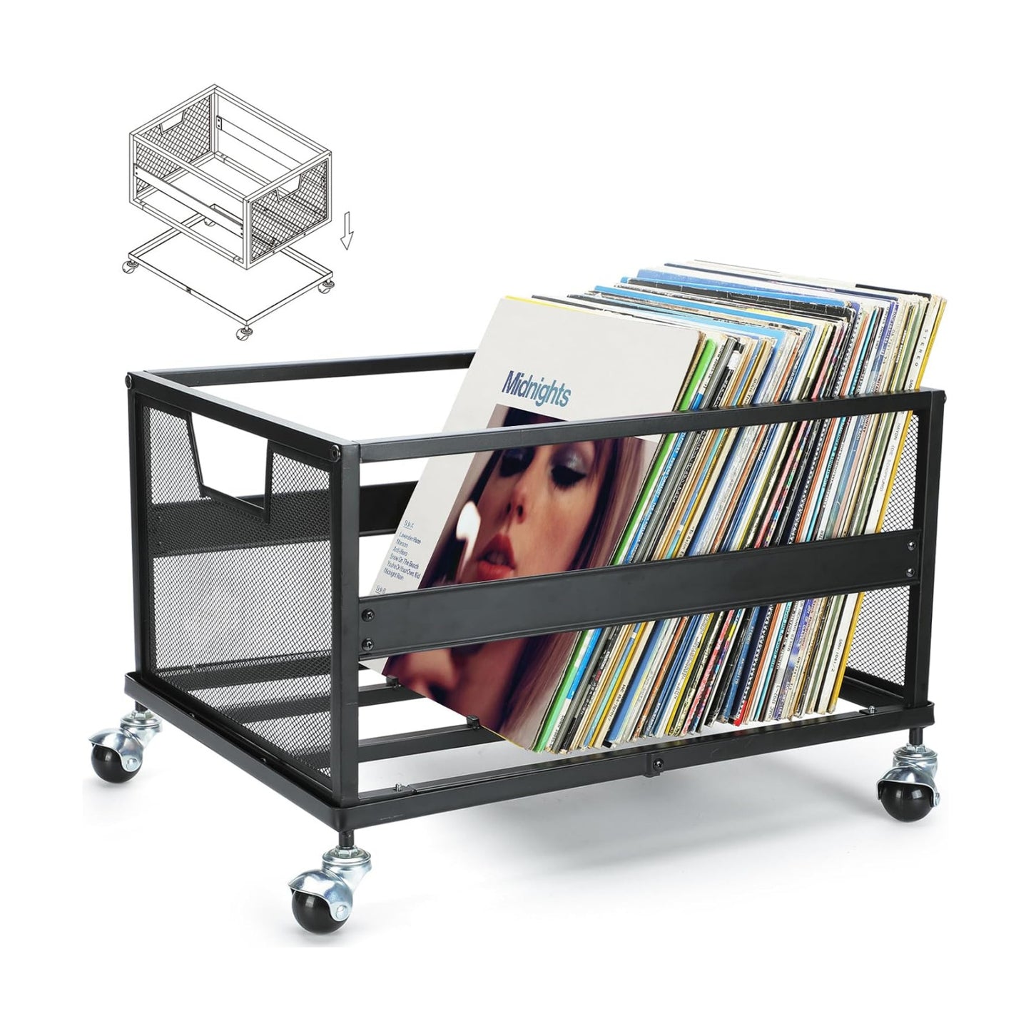 Metal Vinyl Record Storage Crate with Wheels, Vinyl Record Holder for Albums, Vinyl Record Storage Rack - Holds up to
