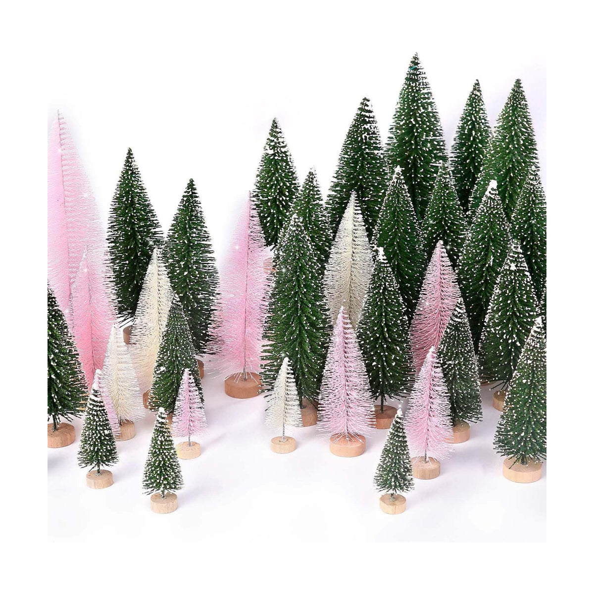 30Pcs Mini Christmas Trees Artificial Christmas Tree Bottle Brush Trees with Wooden Base for Christmas Decor Christmas Party Home Table Craft Decorations(Green+Beige+Pink)