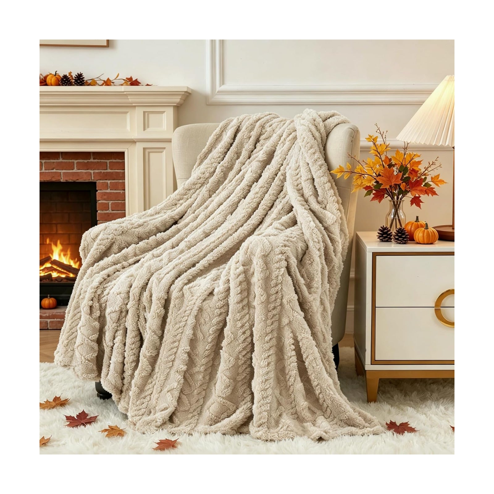 Aganear Fleece Throw Blanket for Couch, Fall Boho Blankets,50"x60" Khaki