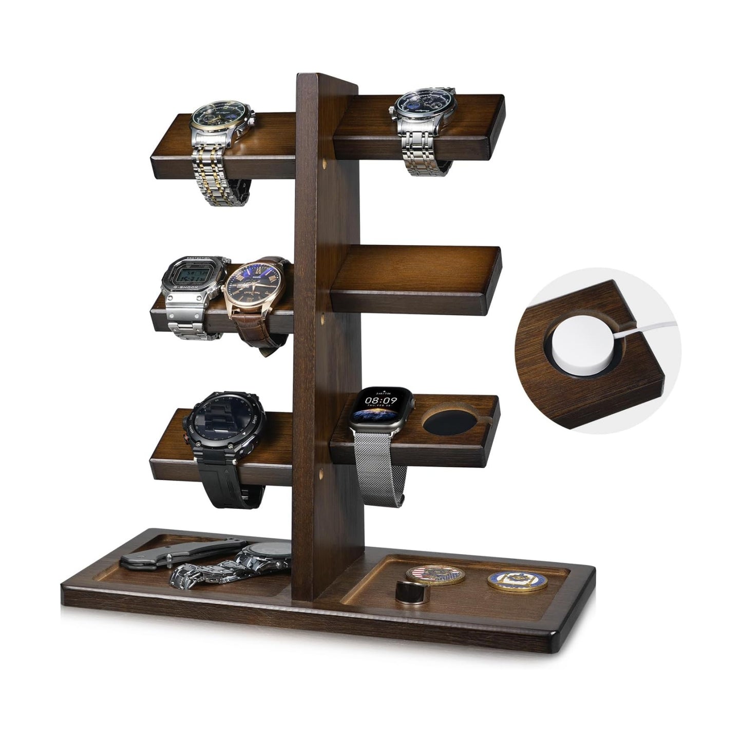 ikkle Watch Holder Stand with Charging Station Wooden Watch Display Tower Jewelry Organizer for Rings, Coins Bracelets