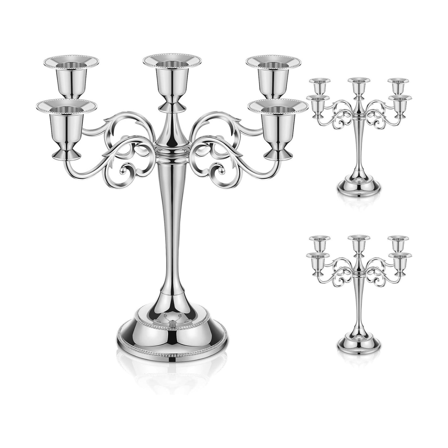 3 Pcs 5 Arm Metal Candelabra 10.24 Inch Tall Holders,Sliver | Gothic Candlestick for Wedding Centerpiece, Church