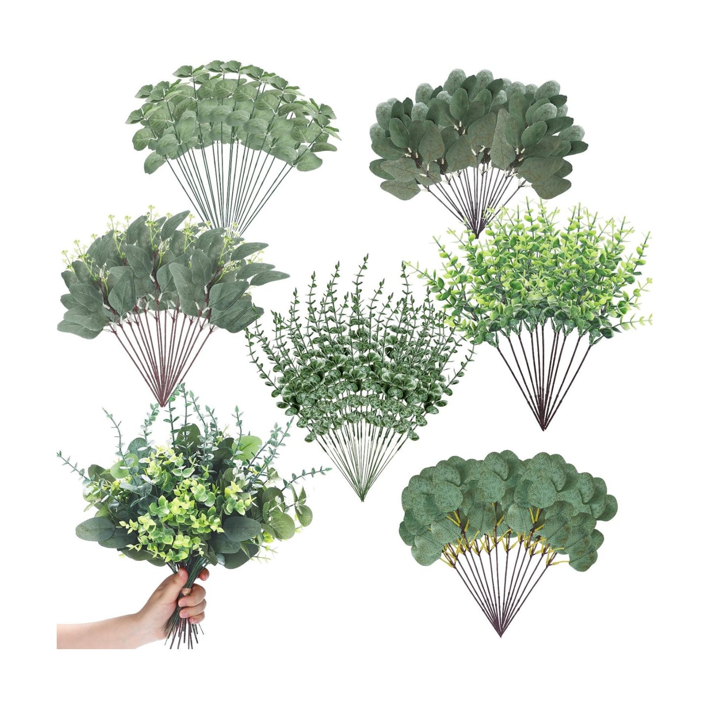 6 Kinds Mixed Greenery Stem Artificial Faux Eucalyptus Leaves Dollar / Silver / Set of 120