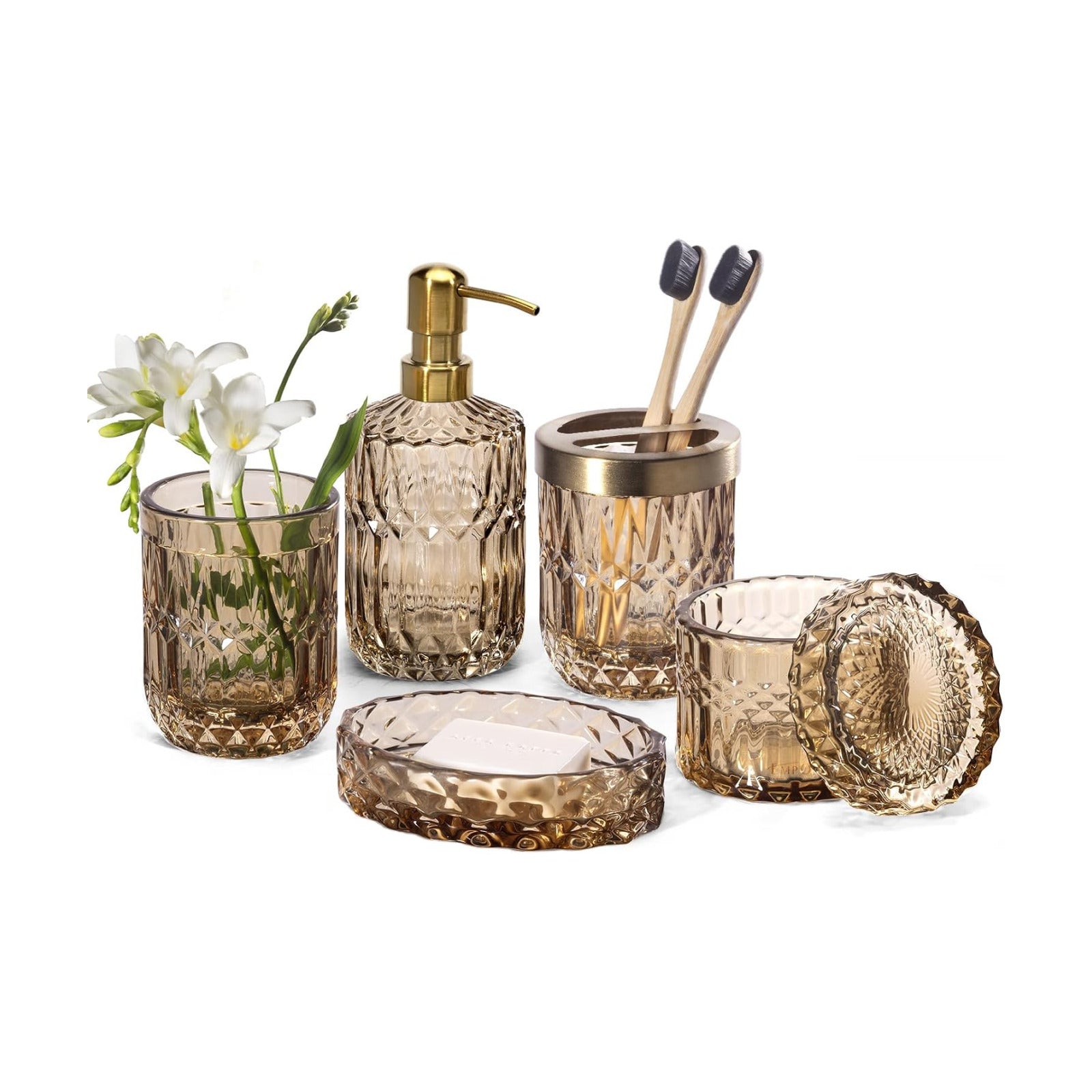 EMPO 6PCS Bathroom Clear Glass Accessories Set (Lotion Soap Dispenser, Soap Dish, Toothbrush Holder, Tumbler, Cotton