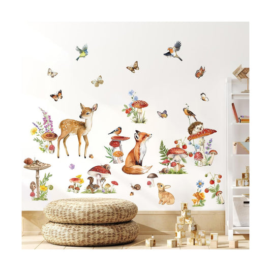Woodland Animal Wall Stickers Mushroom Deer Fox Peel and Stick Wall Decals for Kids Bedroom Baby