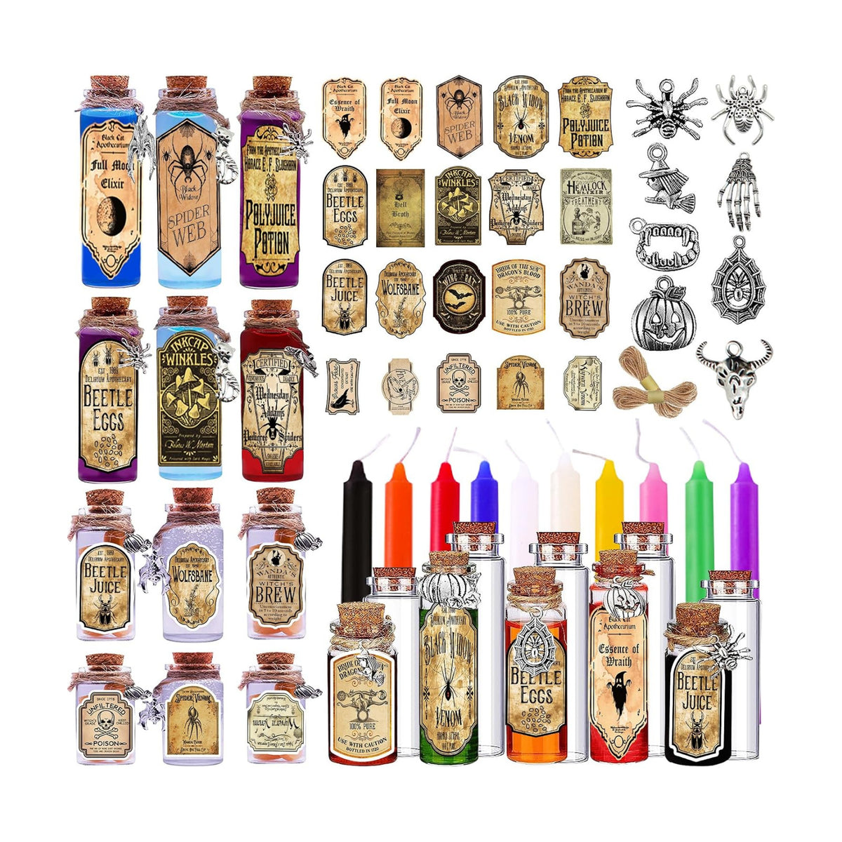 174 Pcs Apothecary Bottles with Cork, Indoor Witchcraft Supplies - Halloween Decorations with Labels, Pendants, Candles, Eye Screws, Twines for Tiered Tray Decor