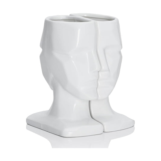 Ceramic Multi Face Decorative Flower Vase Modern Accent Decorative / White / 7 Inch / Set of 2