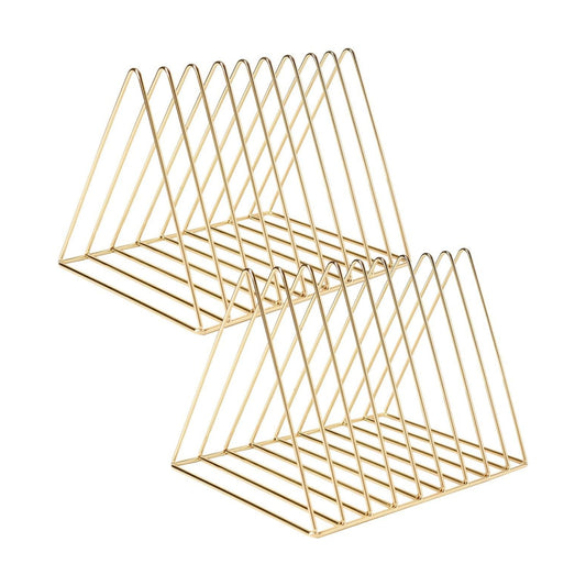 Sooyee 2 Pack 9 Slot Gold Magazine Holder, Desktop File Sorter Organizer Triangle Bookshelf Decor for Home Office, Iron