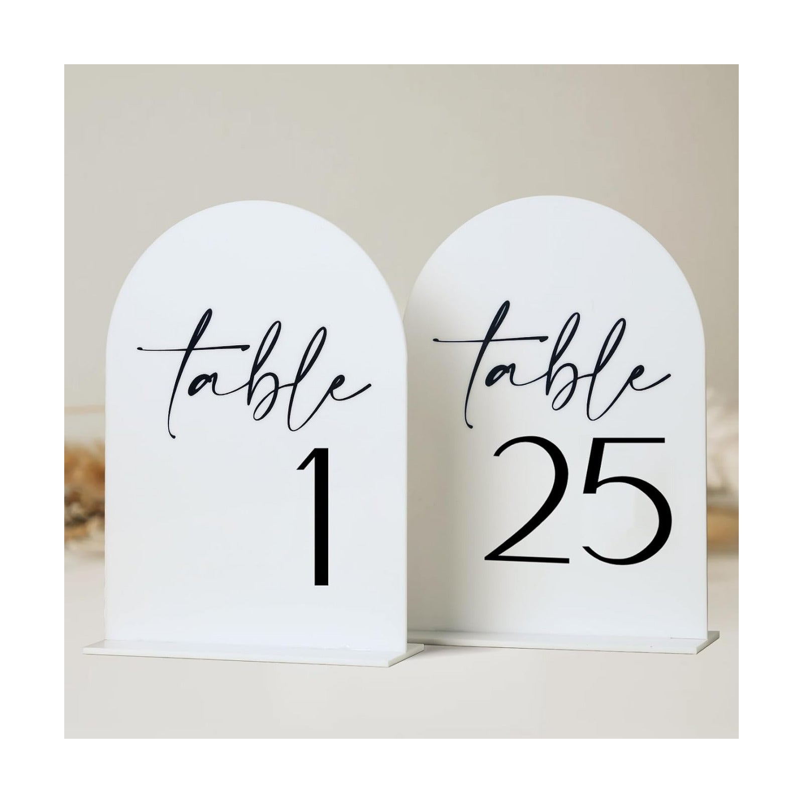 White Arch Acrylic Table Numbers with Stands 1-25, 5x7" White Arched Acrylic Sign and Base, Arch Table Numbers for