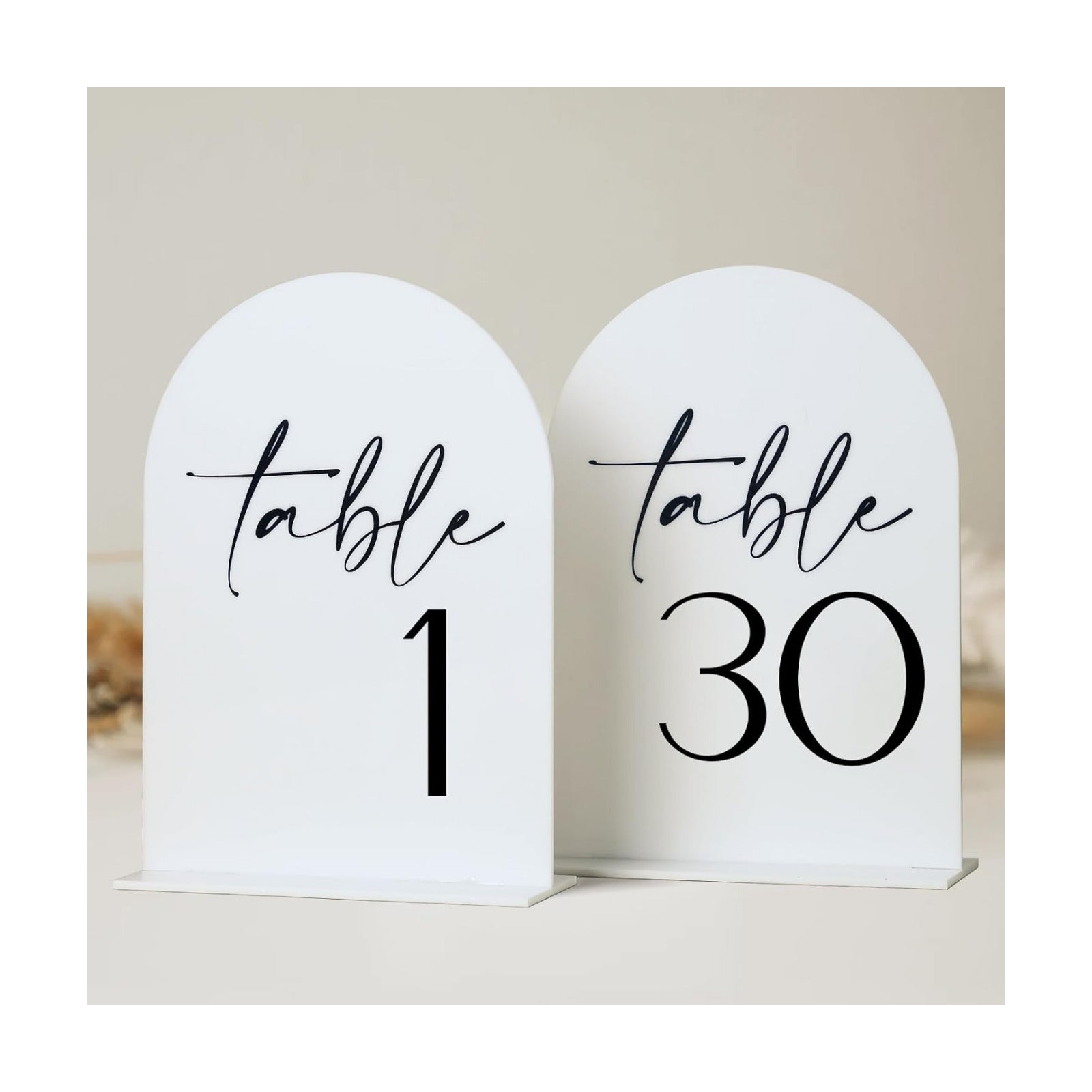 White Arch Acrylic Table Numbers with Stands 1-30, 5x7" White Arched Acrylic Sign and Bases, Arch Table Numbers for