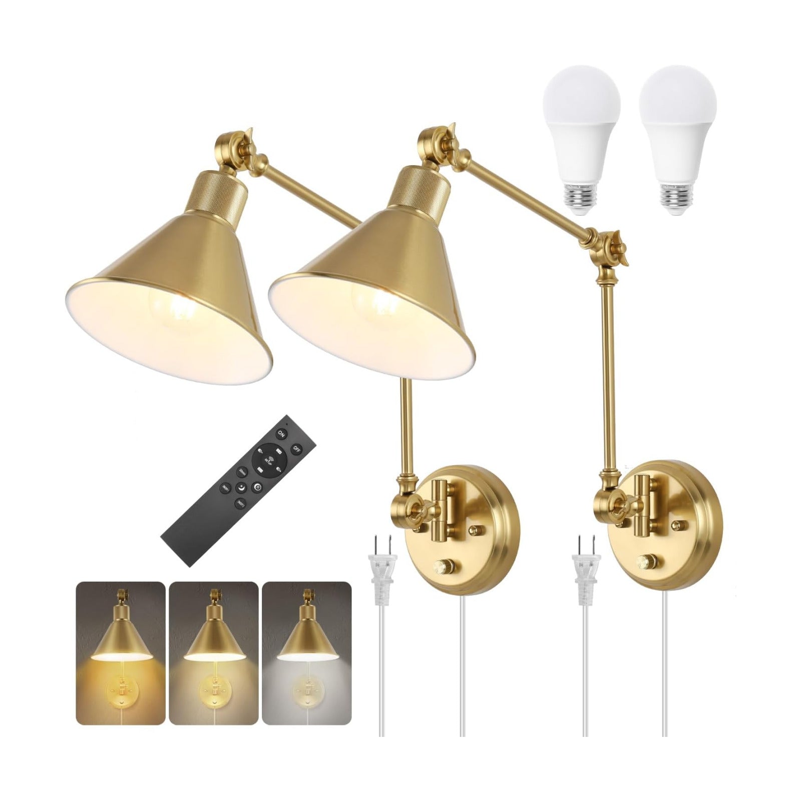 TRLIFE Wall Sconce with Remote Control, Brushed Brass Plug in Wall Sconces Dimmable and Adjustable Color Temperature