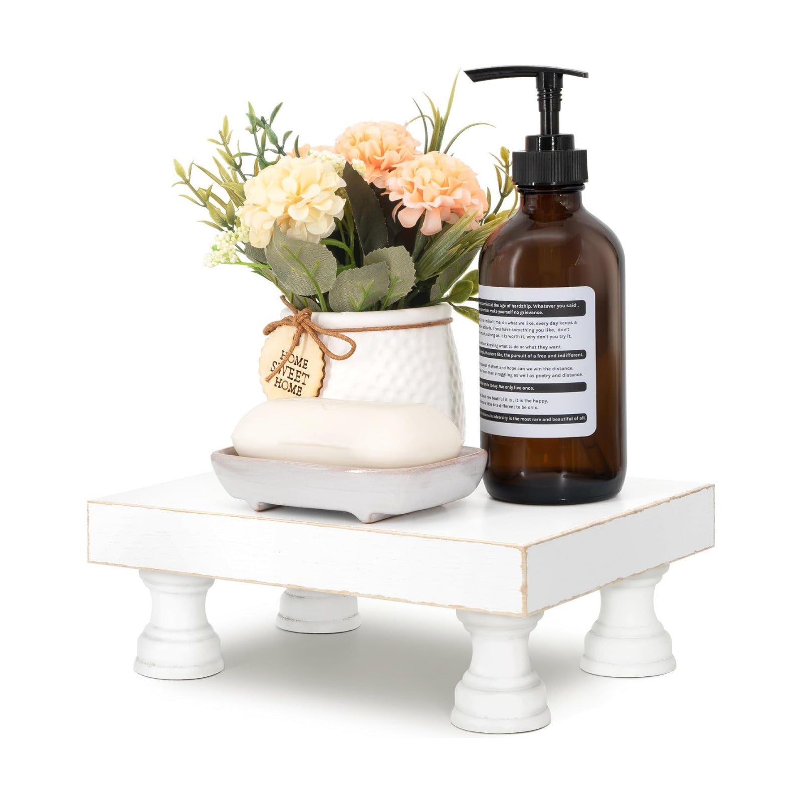 EOSAHR Wood Riser & Display Stand for Rustic Kitchen Decor, White | 8.5" Pedestal Stand, Plant & Dessert Farmhouse