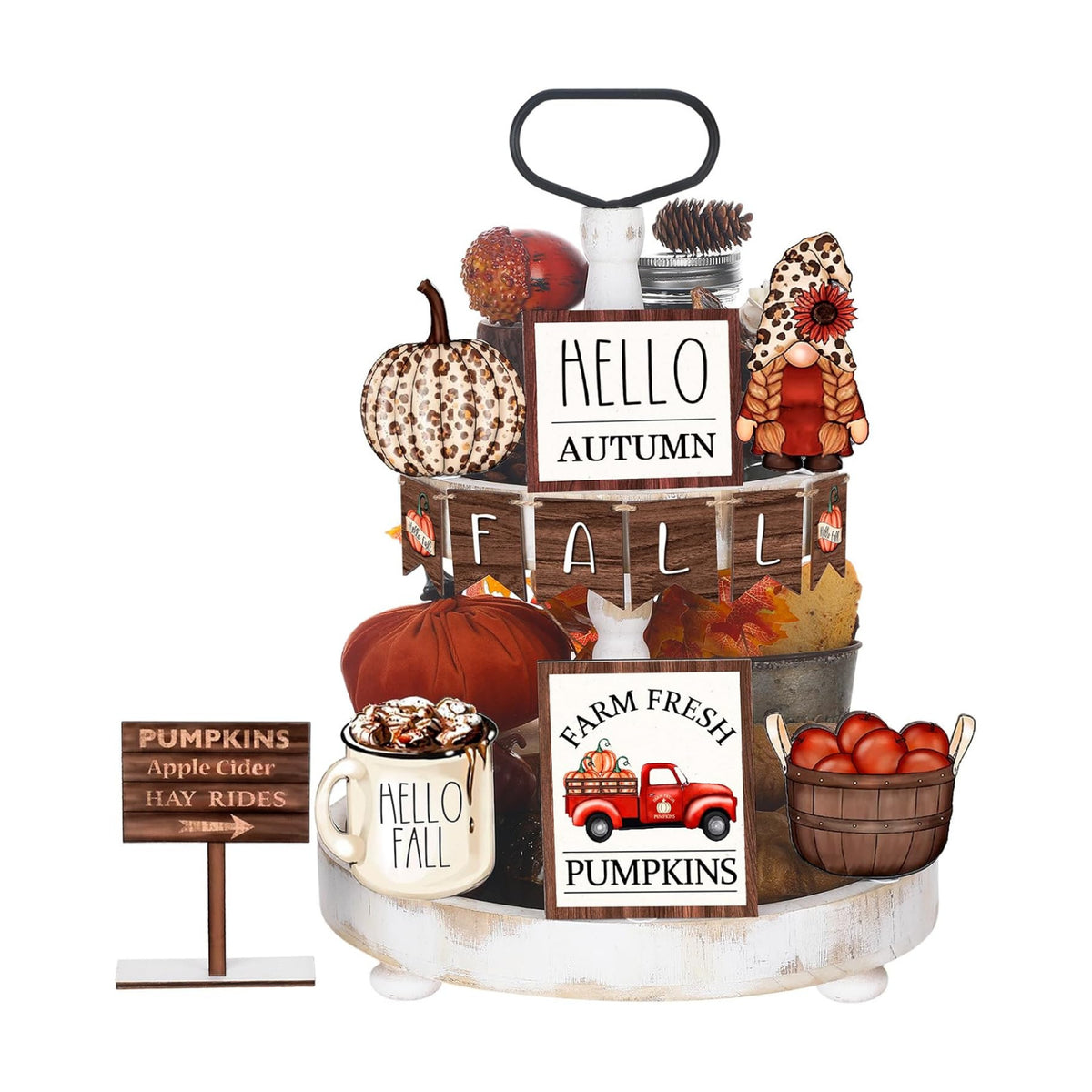 FairySandy 13 Pcs Fall Tiered Tray Decor Set Pumpkin Gnome Hello Autumn
