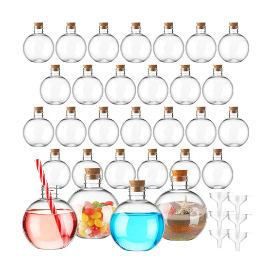 Jinei 30 Pcs Plastic Potion Bottles 6 Oz Ball Shape,Wood Color,Cork