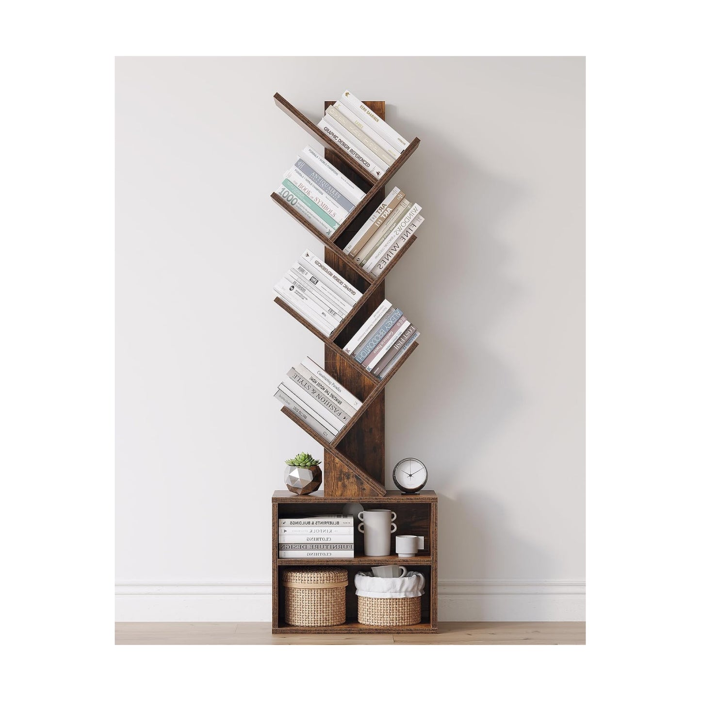 SUNMORY 6 Tier Tree Bookshelf, Tall Small Bookcase with Storage Cabinet