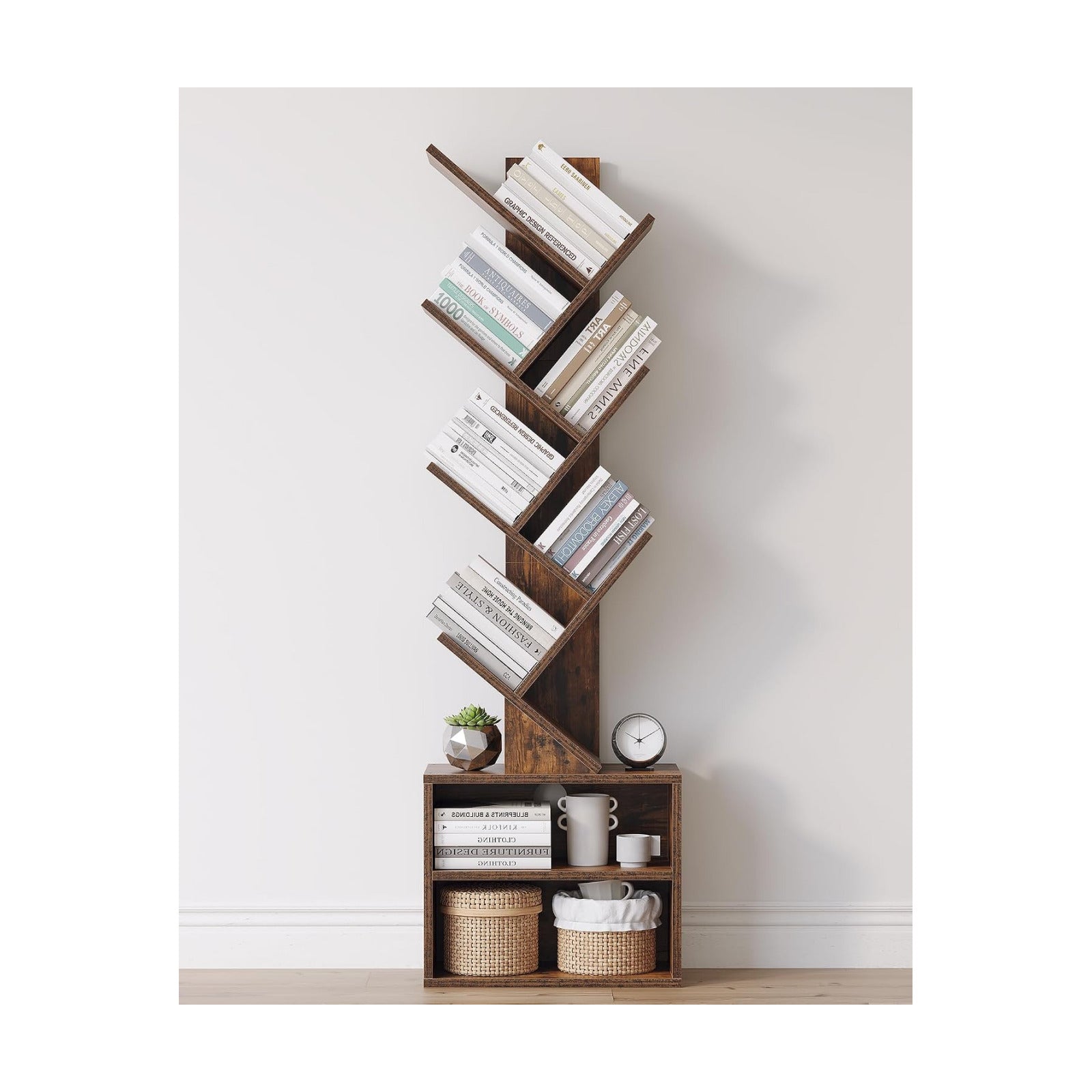 SUNMORY 6 Tier Tree Bookshelf, Tall Small Bookcase with Storage Cabinet