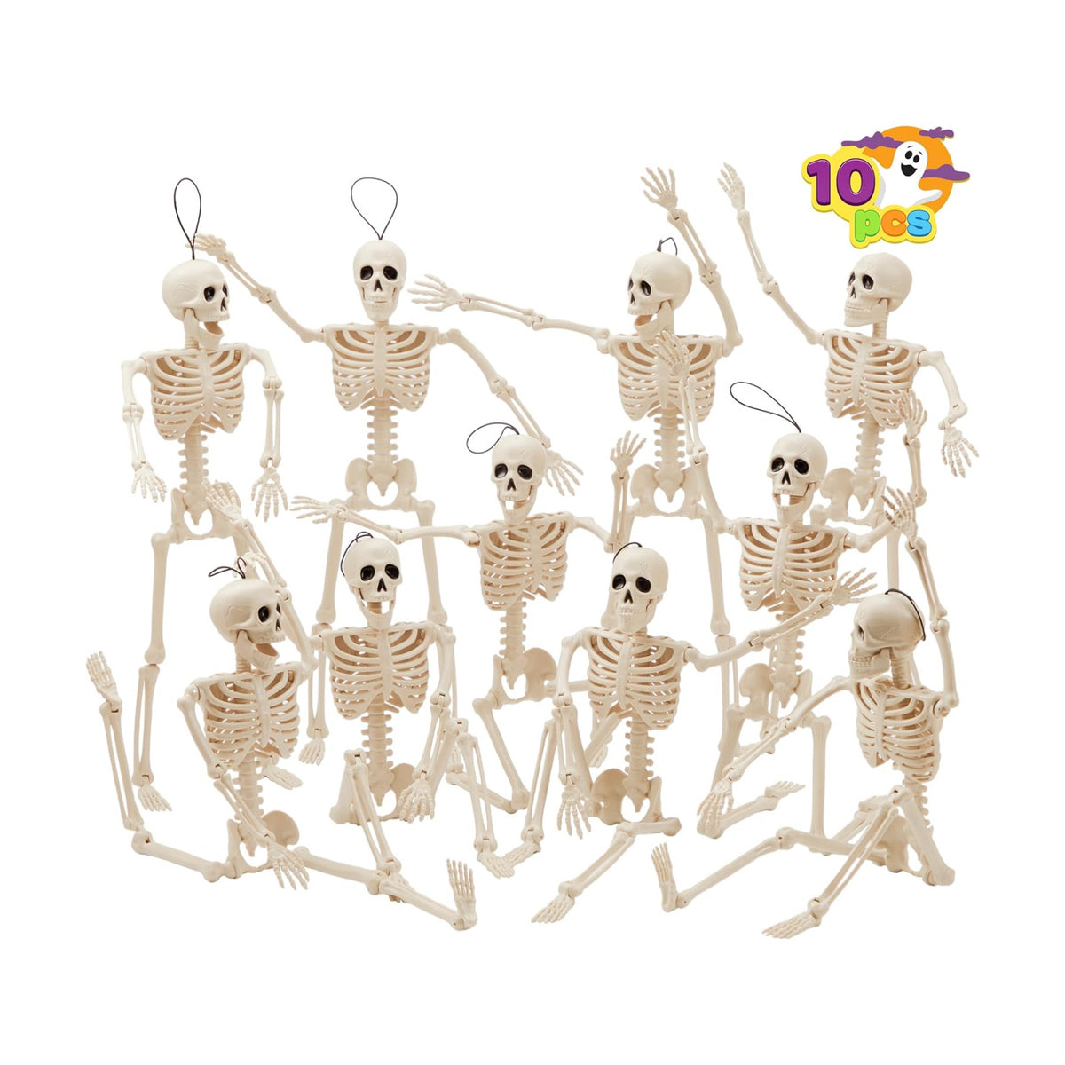JOYIN 10 PCS 16" Halloween Skeleton Decor, Full Body Stayable Movable Joints, Posable Hanging Skeletons for Halloween Decoration, Yard, Graveyard, Haunted House Props, Spooky Scene Party Favor