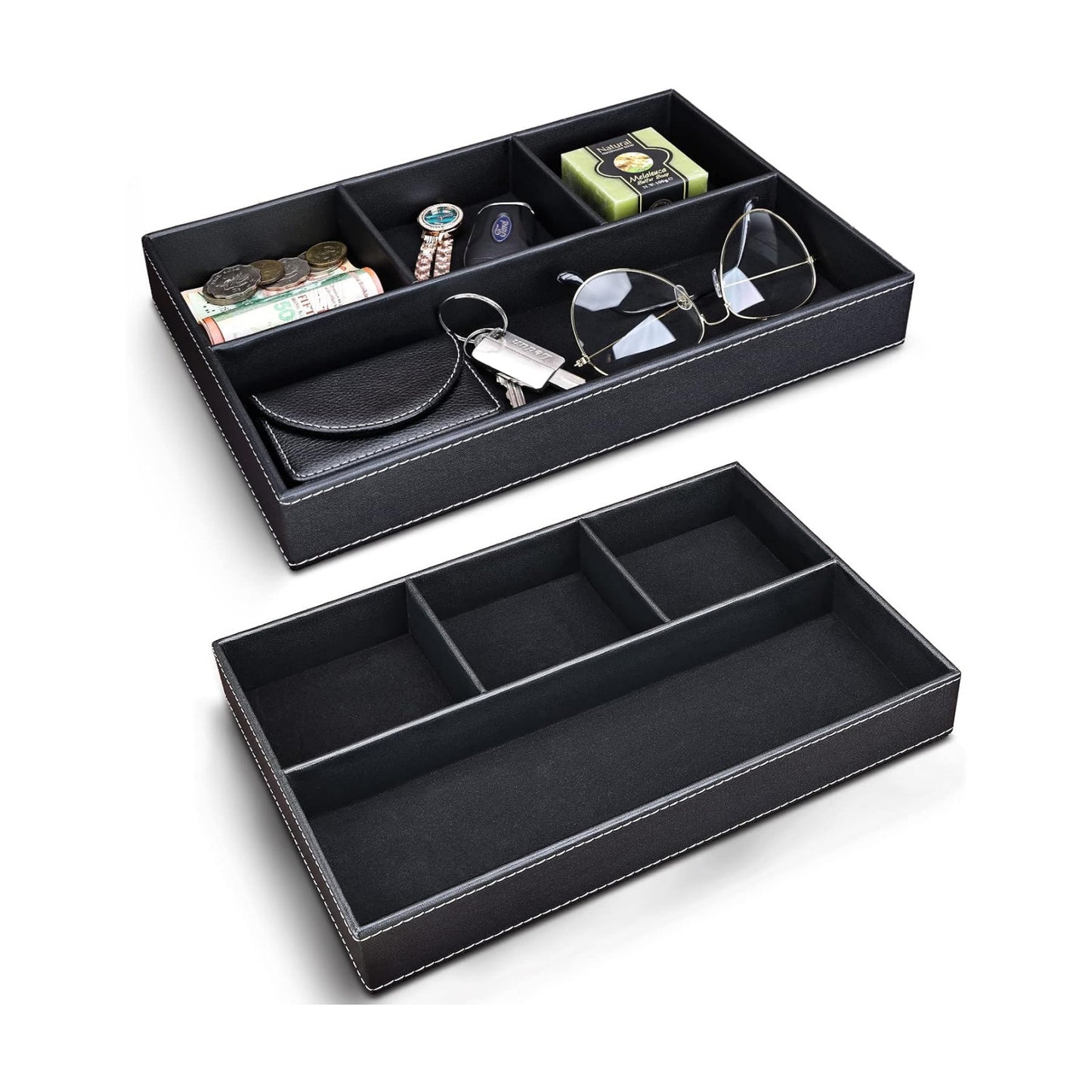 Faux Leather Valet Tray for Men / Black-2 Set / Set of 2