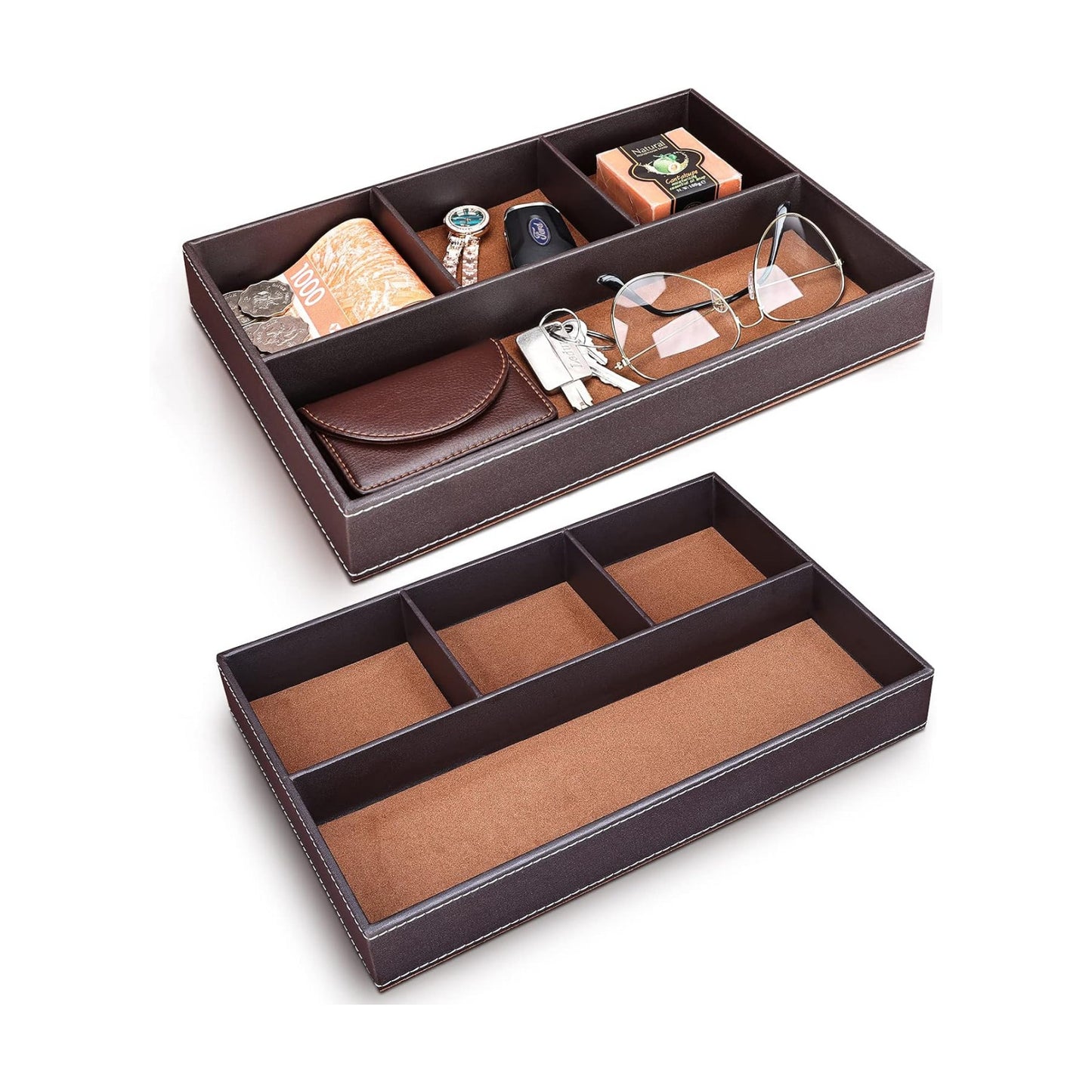 Faux Leather Valet Tray for Men / Brown-2 Set / Set of 2
