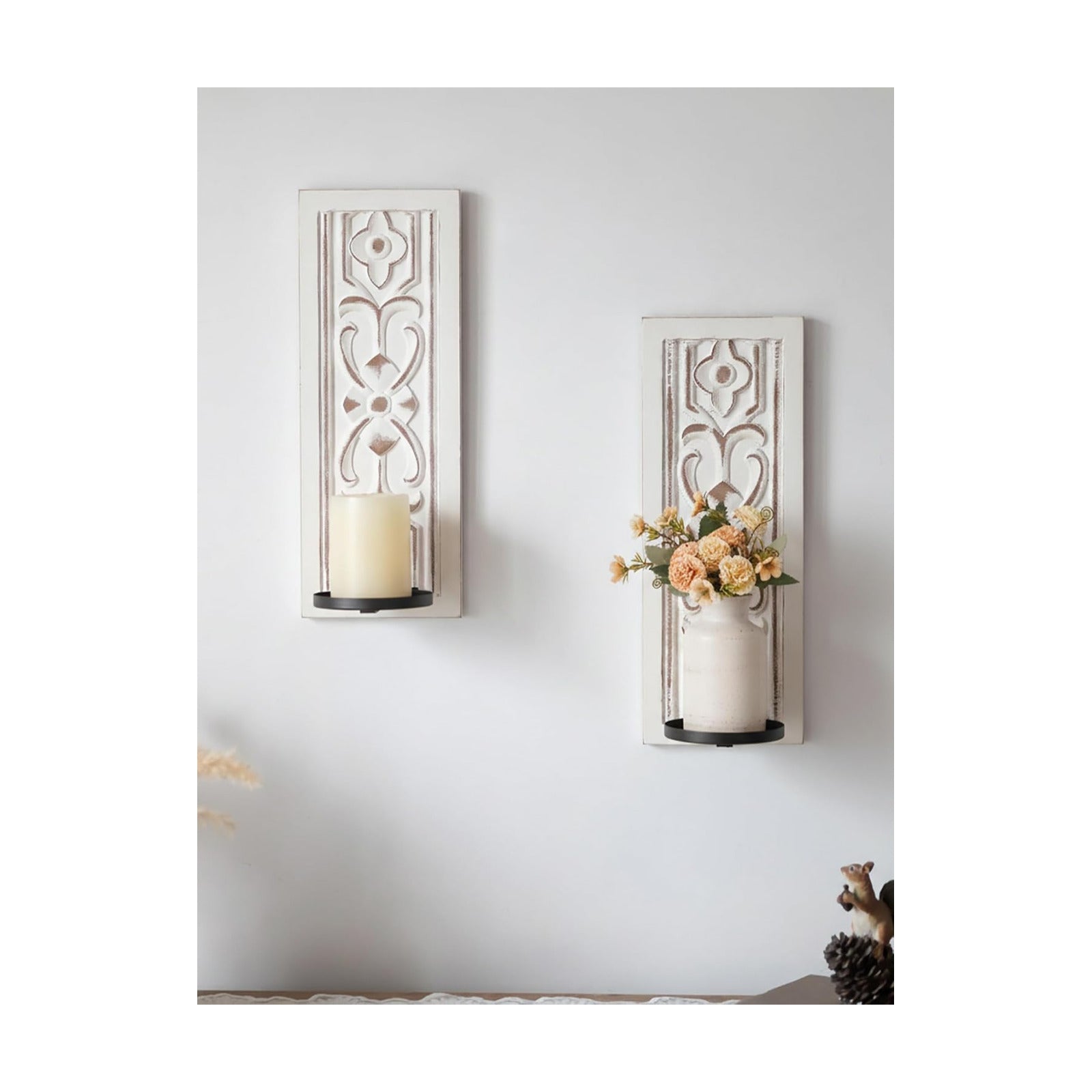 Rustic Candle Sconces Wall Decor / Distressed White / 15.8"H x 6"lx4.33"w / Set of 2