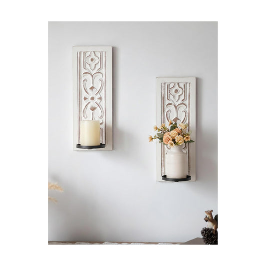 Rustic Candle Sconces Wall Decor / Distressed White / 15.8"H x 6"lx4.33"w / Set of 2