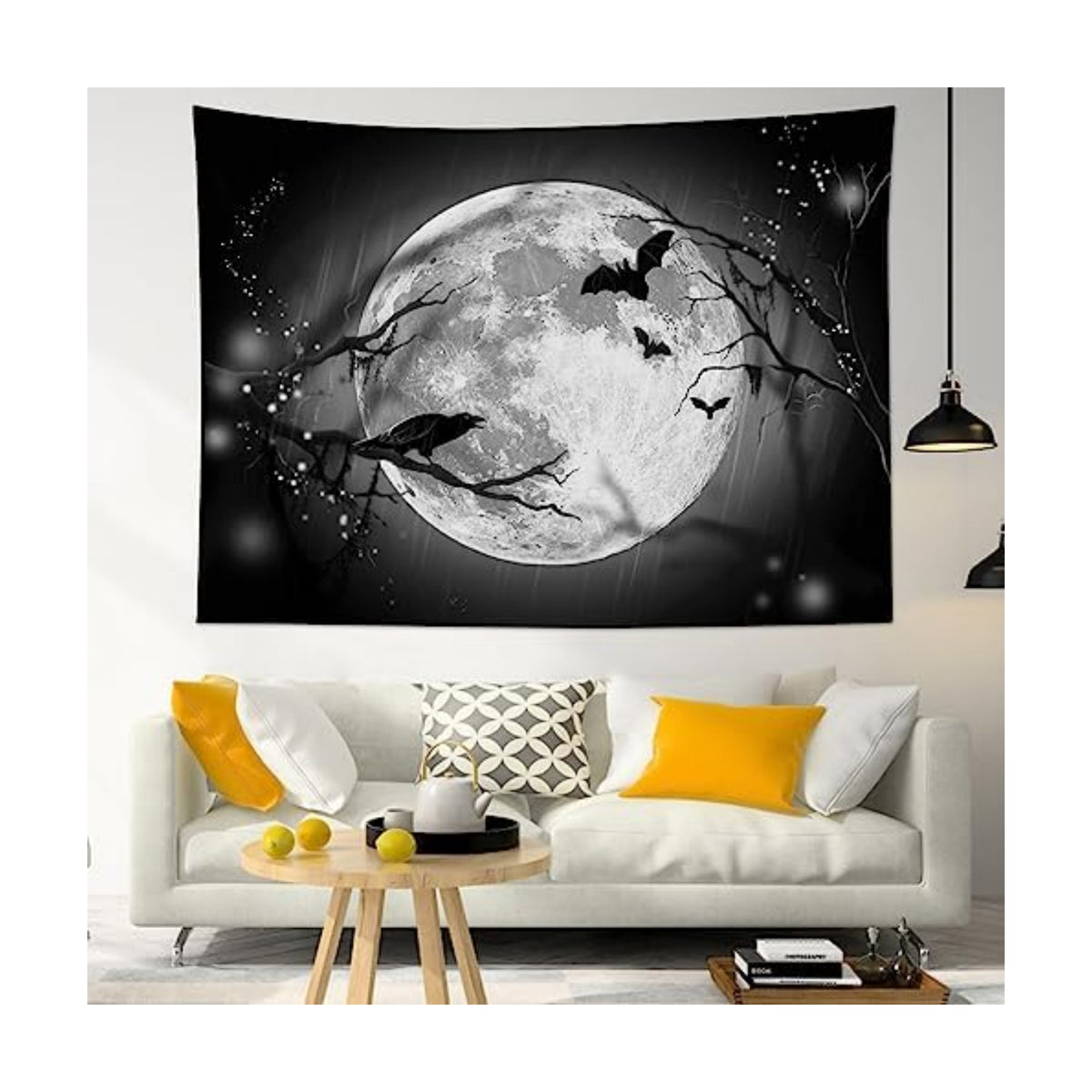 LB Halloween Full Moon Tapestry, Horror Black Crow with Bat on Grey and Black Night Sky Wall Tapestry for Bedroom, Creppy Bat Wall Hanging Tapestry Wall Art for Living Room Home Decor, 59 x 51 Inches