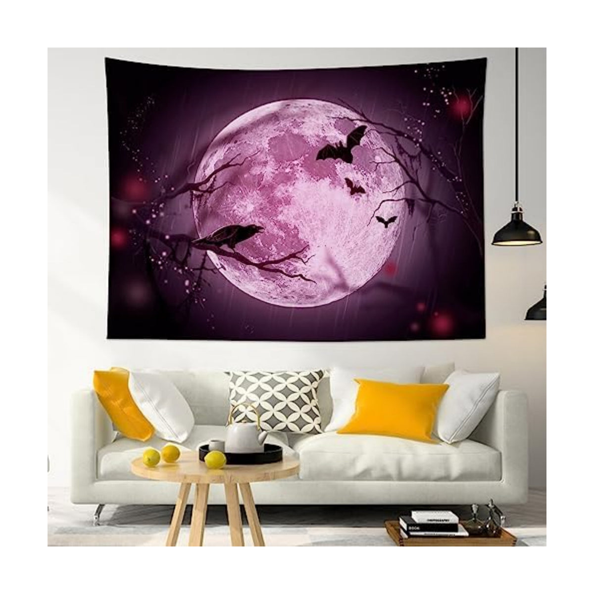 LB Halloween Full Moon Tapestry, Horror Black Crow and Bat on Purple Night Sky Wall Tapestry for Bedroom, Creepy Bat Wall Art for Living Room Home Decor, 59 x 51 Inches