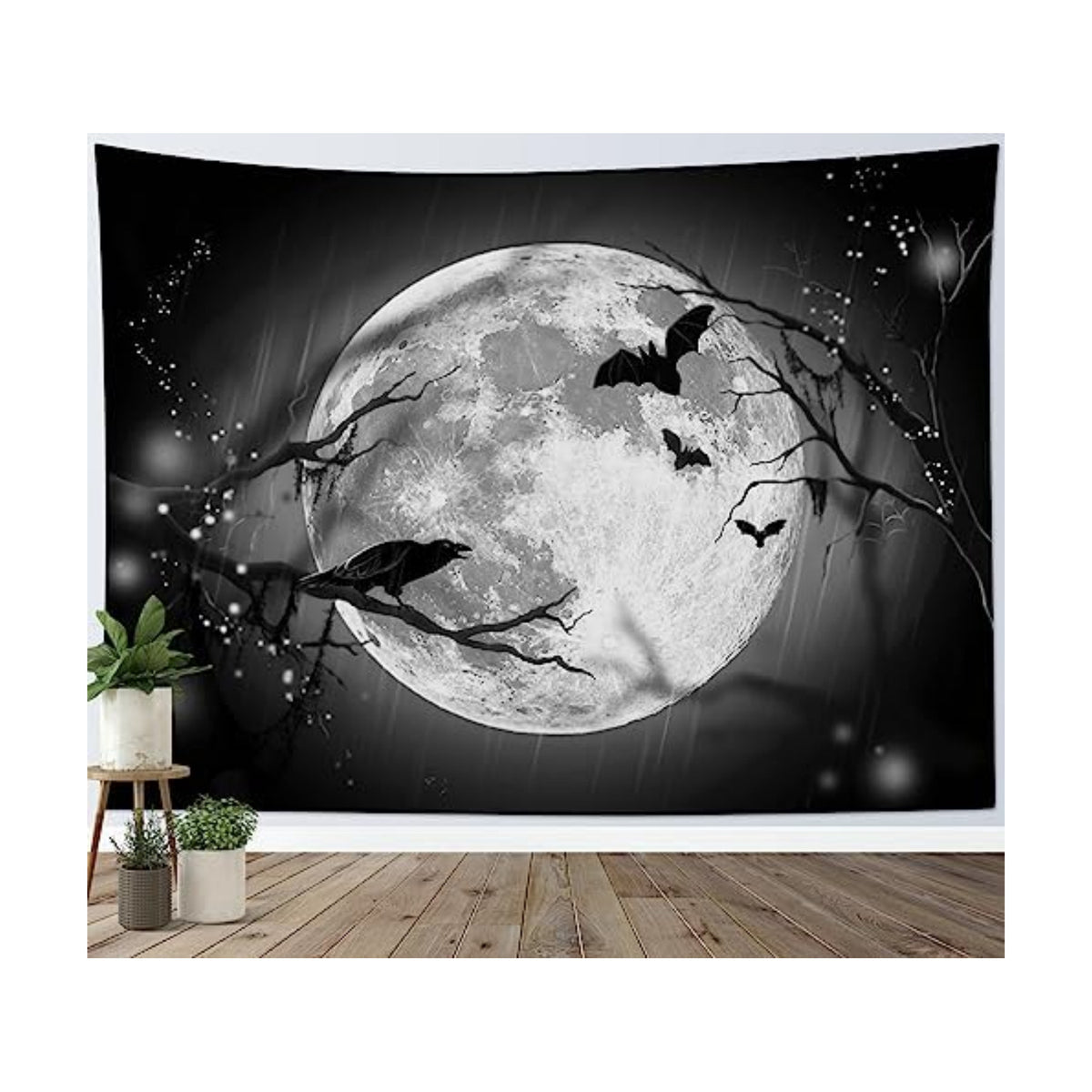 LB Halloween Full Moon Tapestry, Horror Black Crow with Bat on Grey and Black Night Sky Wall Tapestry for Bedroom, Creppy Bat Wall Hanging Tapestry Wall Art for Living Room Home Decor, 92.5 x 70.9