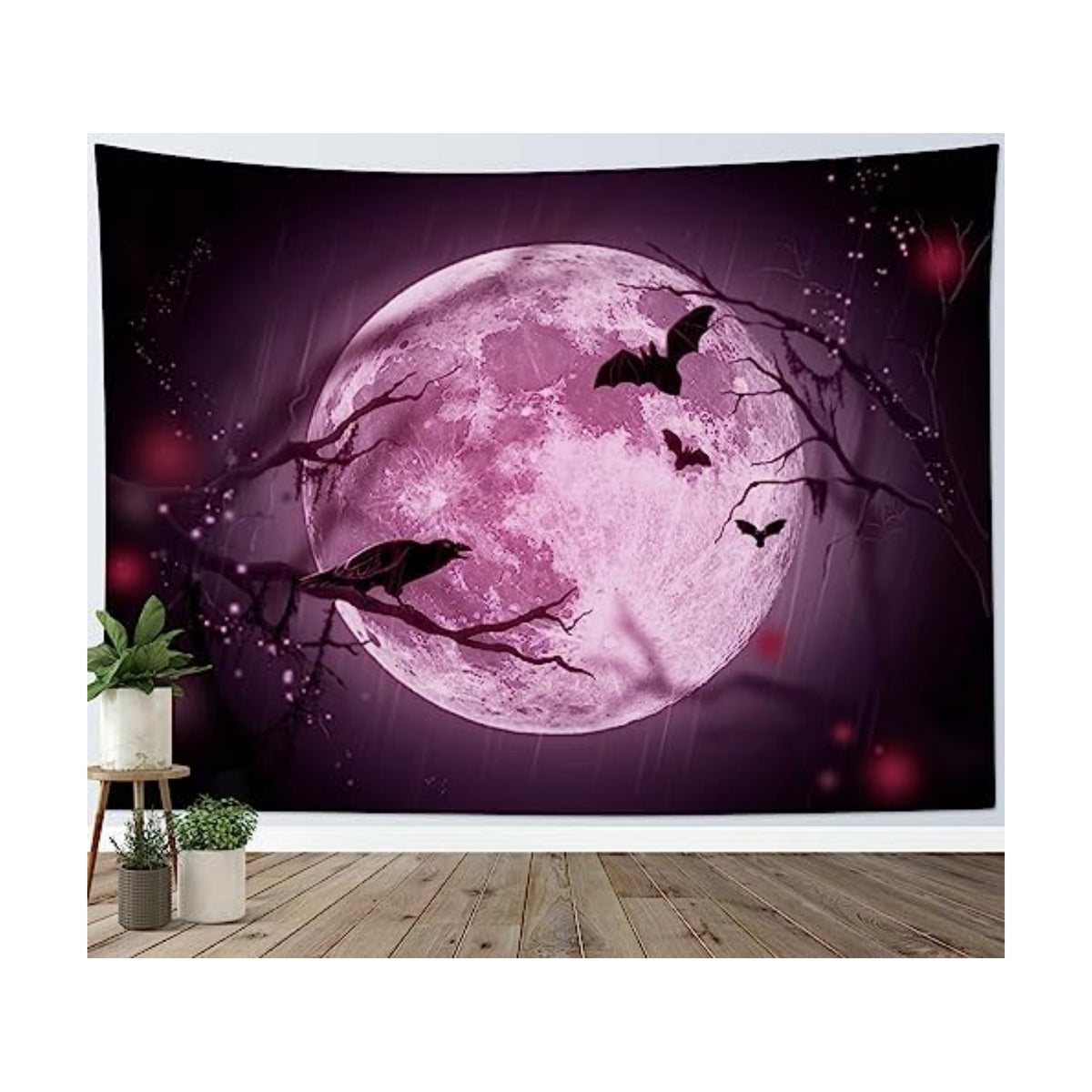 LB Halloween Full Moon Tapestry, Horror Black Crow and Bat on Purple Night Sky Wall Tapestry for Bedroom, Creppy Bat Wall Hanging Tapestry Wall Art for Living Room Home Decor, 92.5 x 70.9 Inches