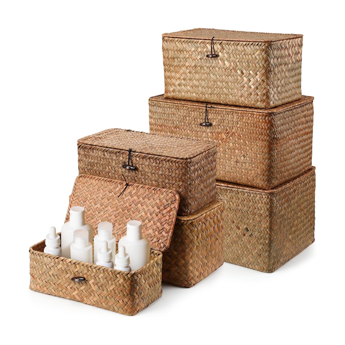 Seagrass Basket / Lids Bin Woven Organizer / Dark Brown / Classic Style / Set of 6
