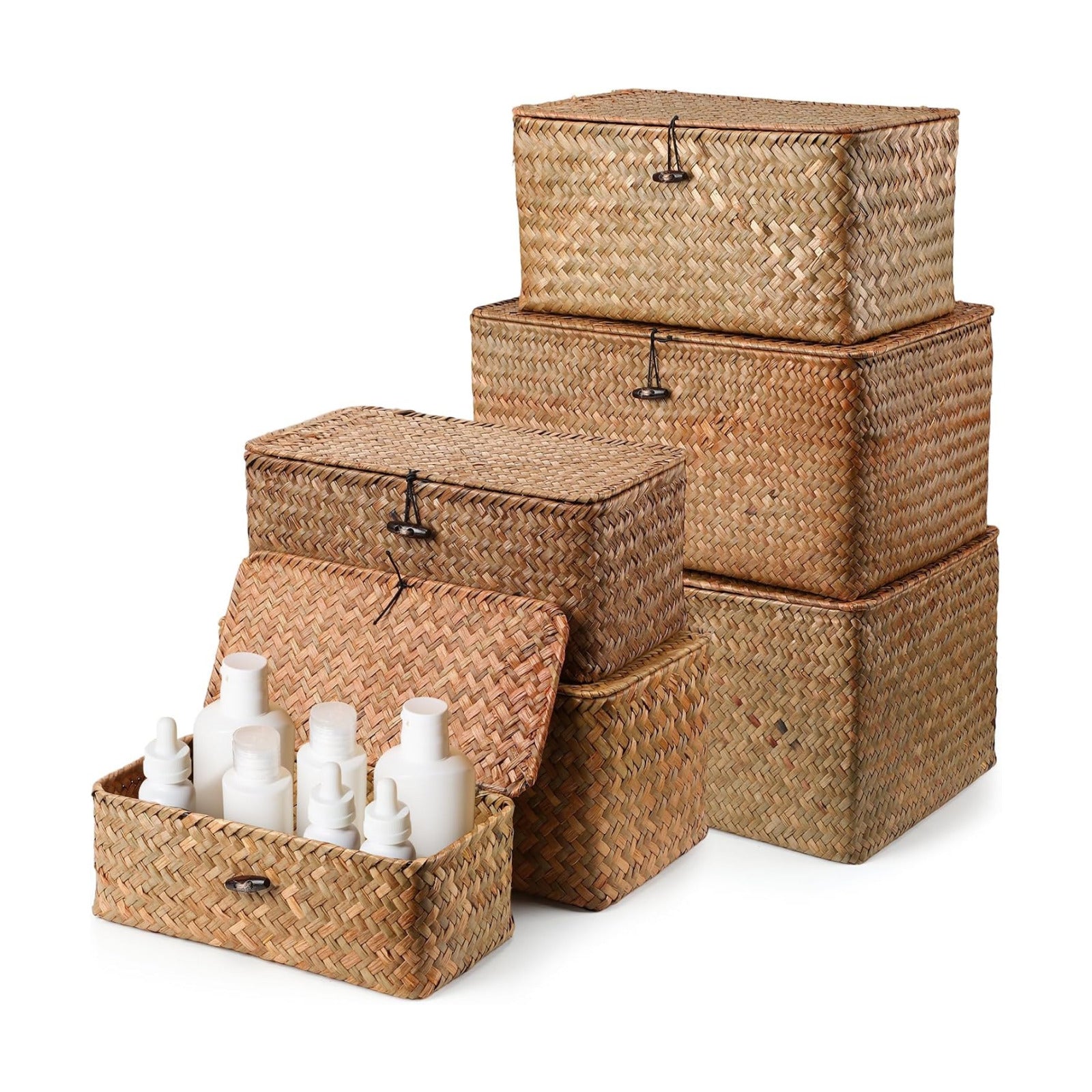 Seagrass Basket / Lids Bin Woven Organizer / Dark Brown / Classic Style / Set of 6