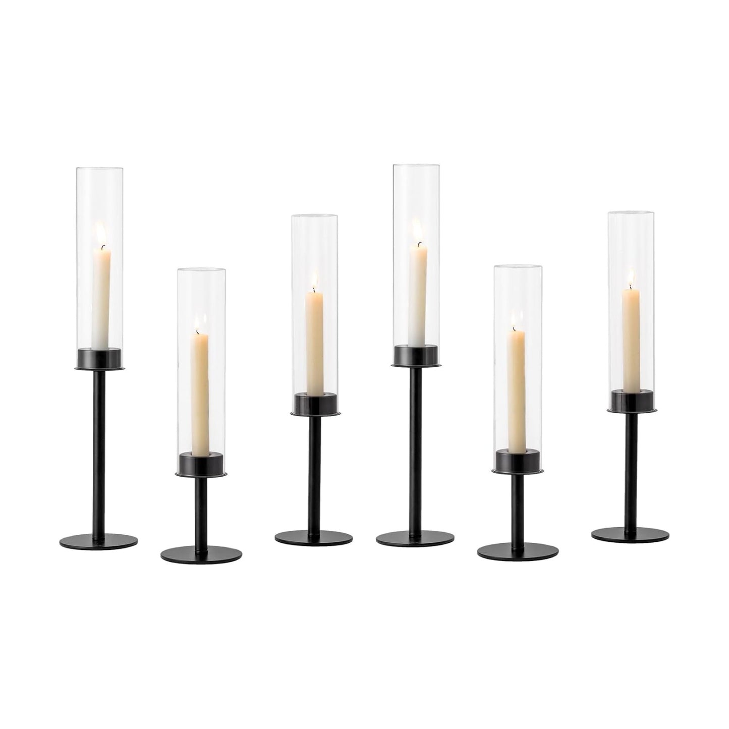 Hewory Black Candlestick Holders: 6PCS Glass Hurricane with Metal Base | Elegant Tall Taper Candle Holders at 3