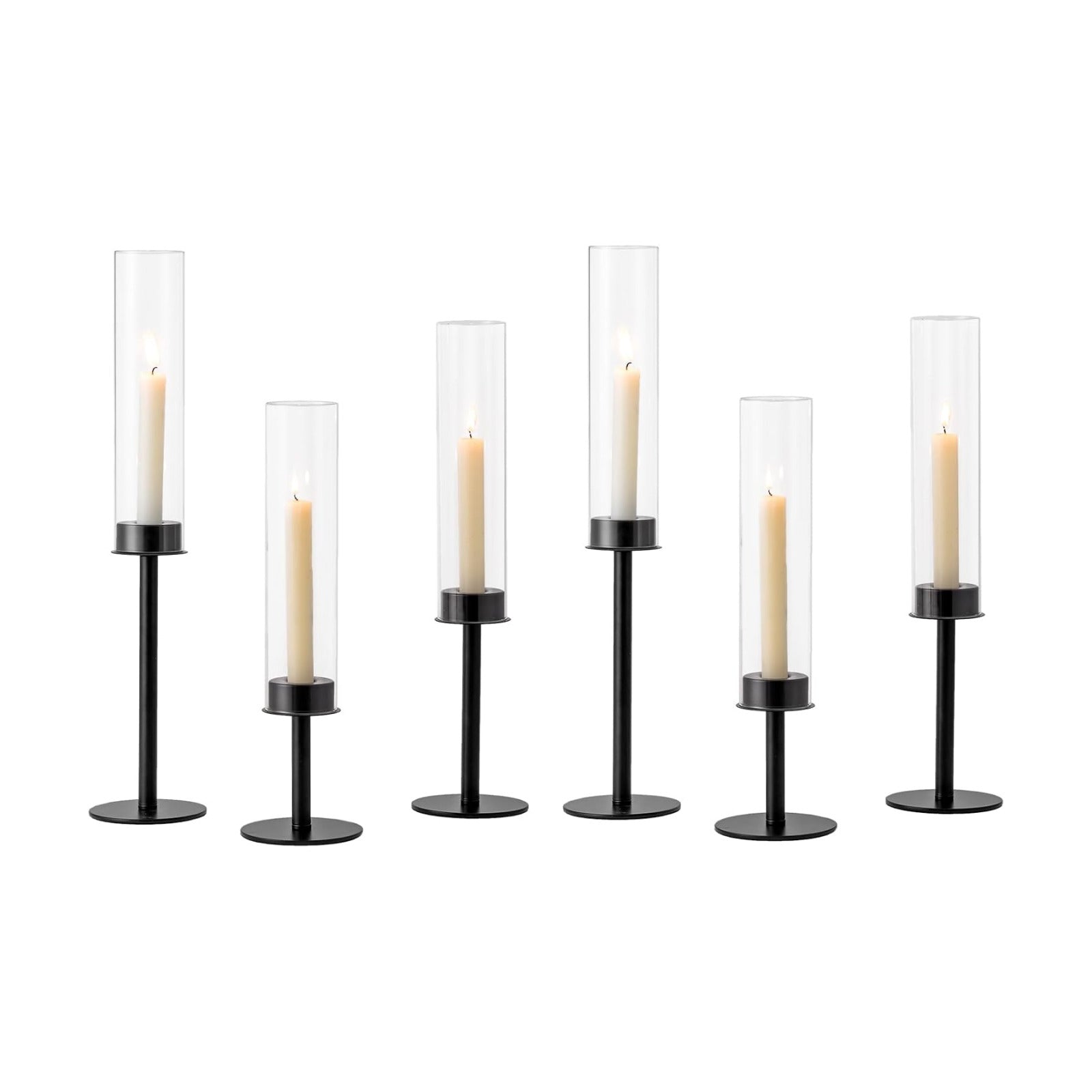 Hewory Black Candlestick Holders: 6PCS Glass Hurricane with Metal Base | Elegant Tall Taper Candle Holders at 3